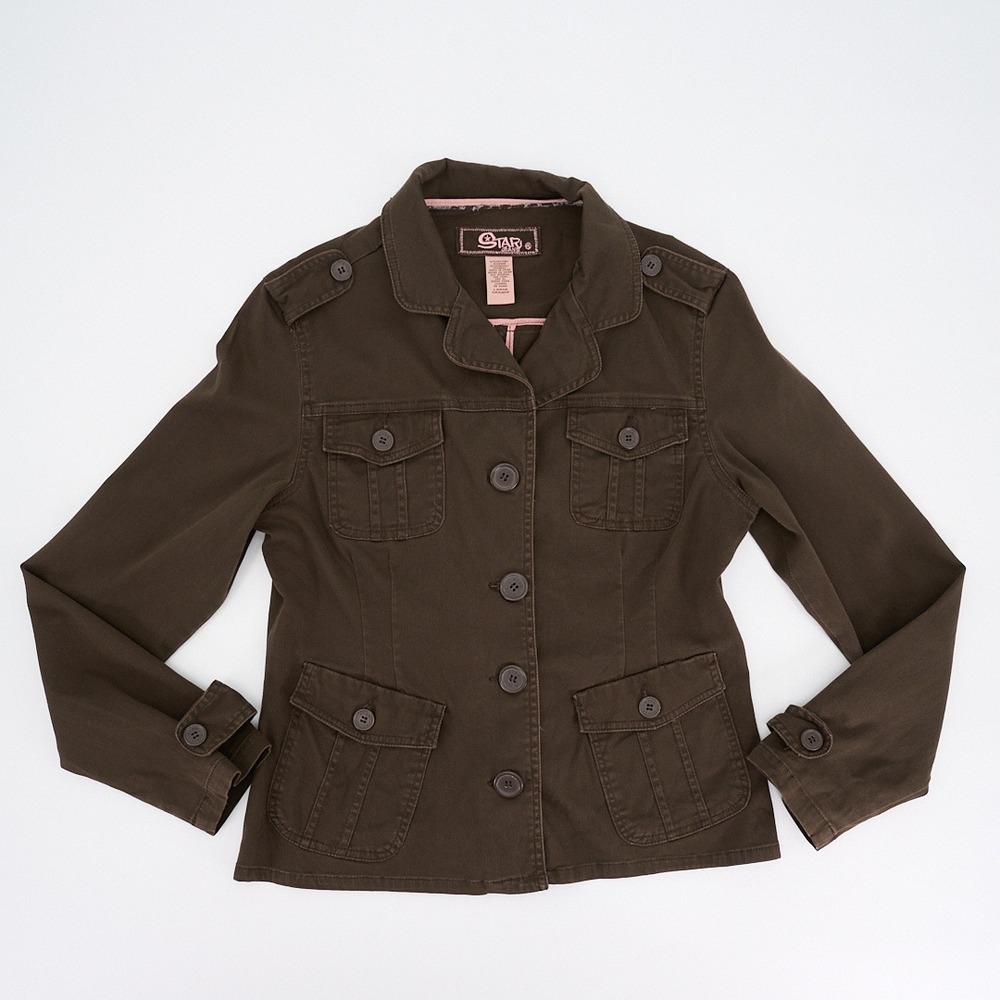 Star Jeans Olive Brown Utility Jacket Fitted Four Pocket Military Style
